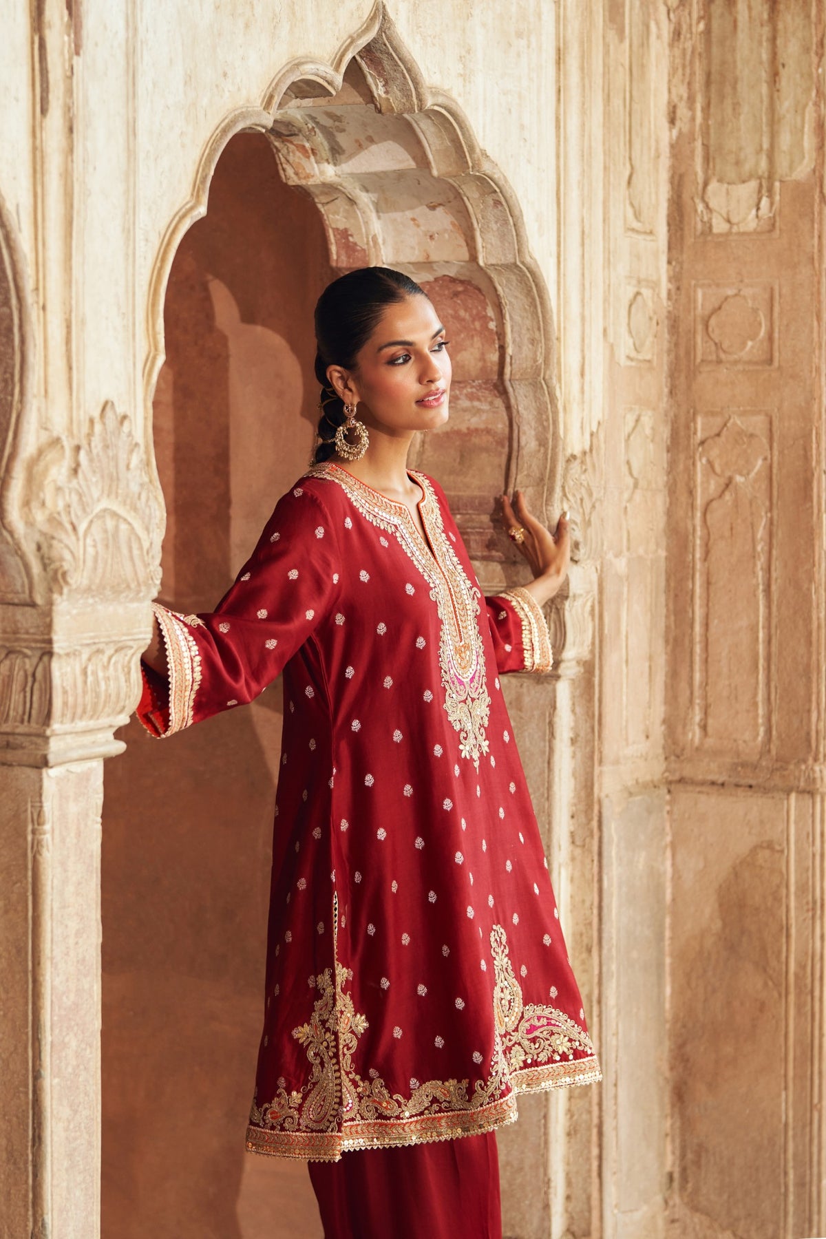 Mehwish Deep Red Silk Banarasi Short Kurta Salwar Suit Set