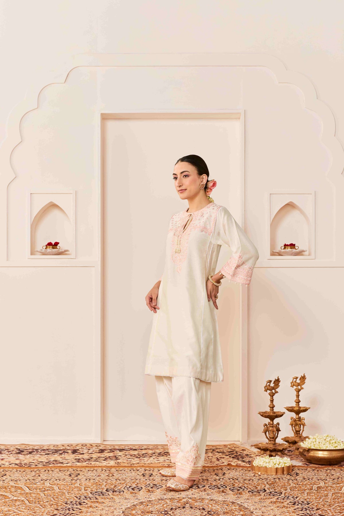 Daisy Ivory Pink Choga with Salwar in Pure Silk Chanderi