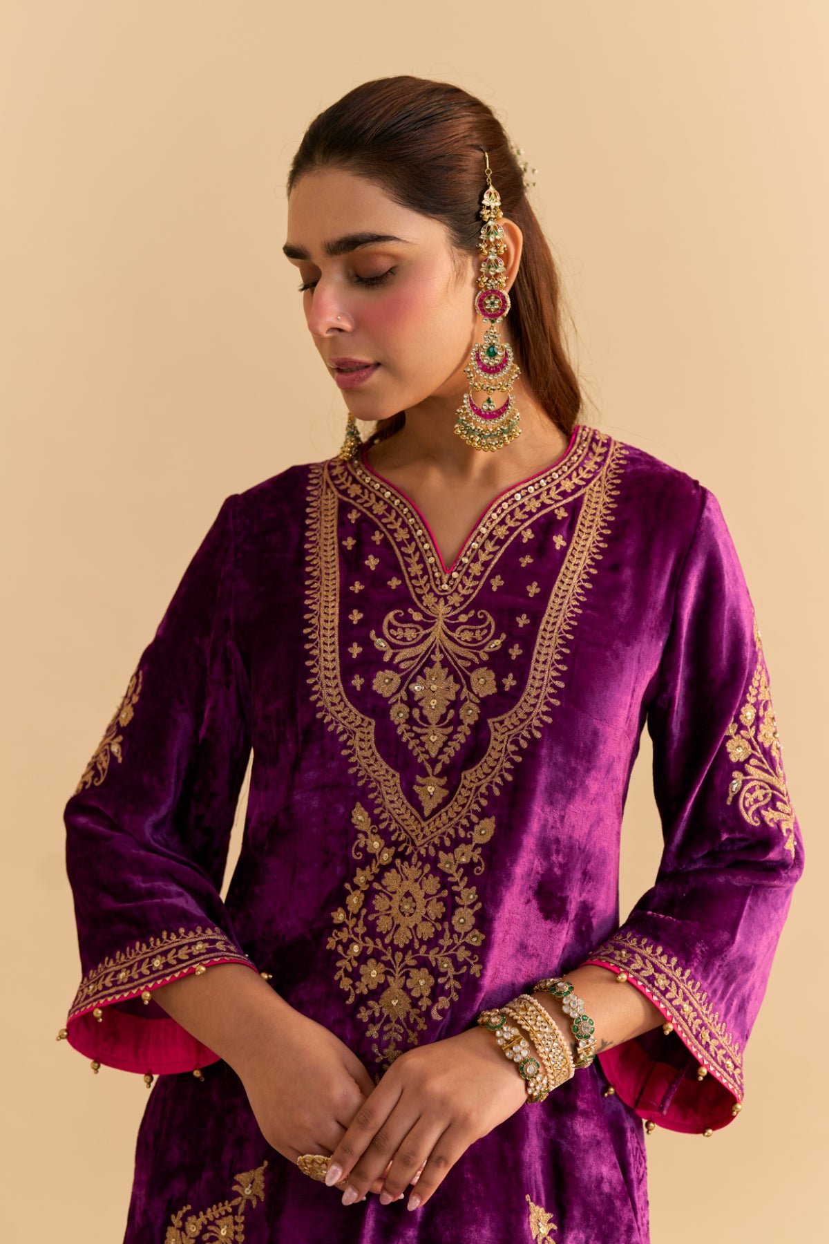 Deep Purple Velvet Kurta Set with Flared Palazzo & Dupatta