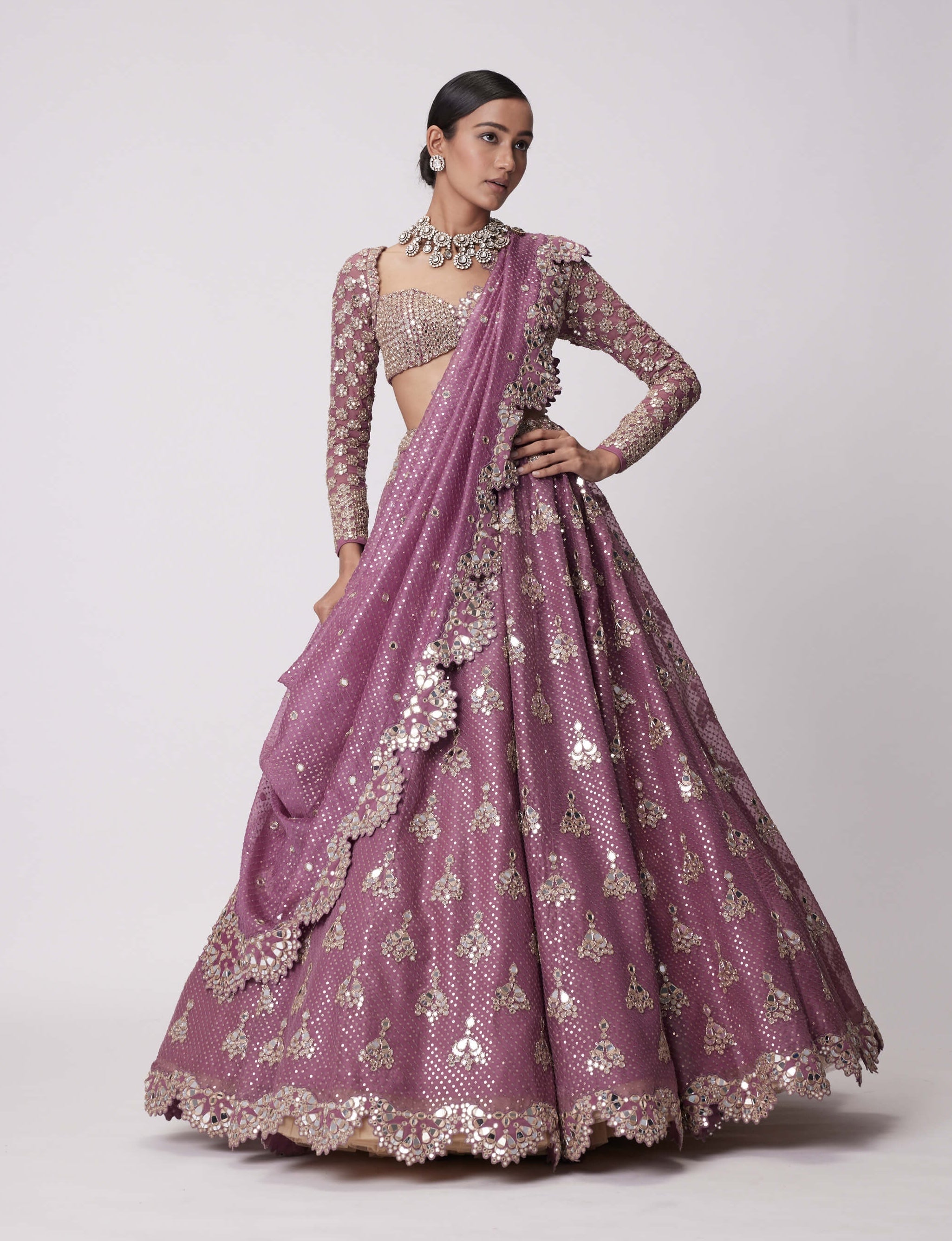 MUD  MAUVE SEQUIN AND FLOWER EMBROIDERED LEHENGA SET