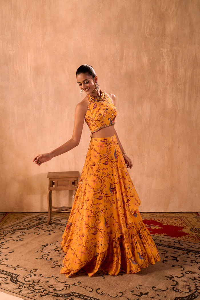 YELLOW PRINT EMBROIDERED HALTER CHOLI AND LAYERED LEHENGA SKIRT SET - image 3