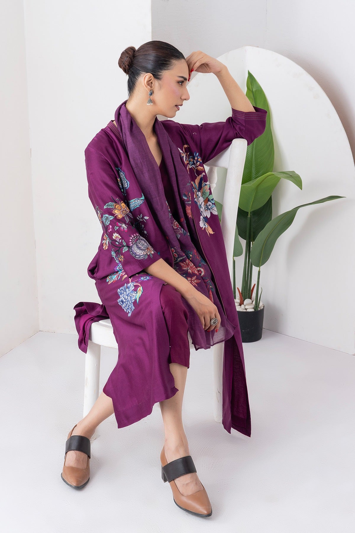 Wine Silk Chanderi Floral Printed Front Open Dress Set (3 PCS)