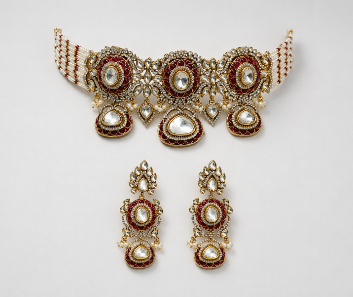 Ruby Red Polki Choker Set