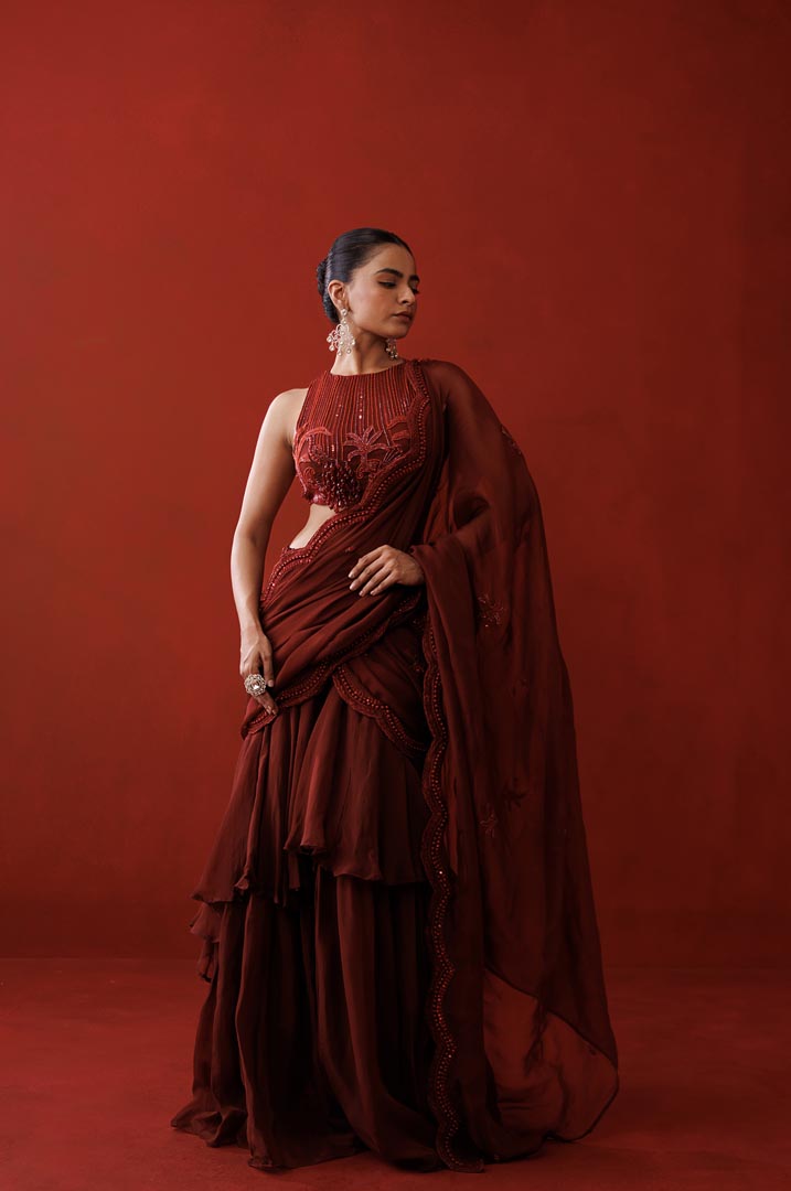 Maroon ruffle saree set