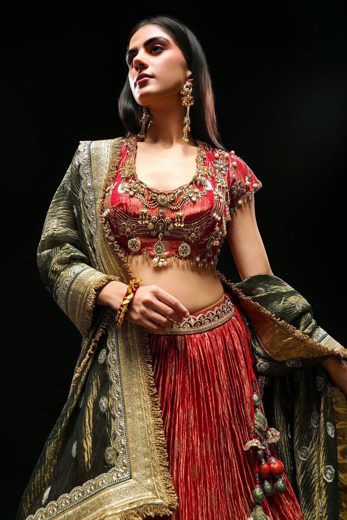 Heritage Green & Red Pure Banarasi Lehenga Set with Dupatta