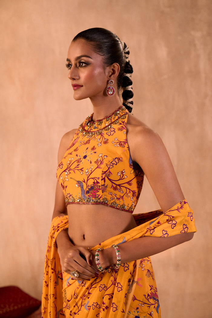 YELLOW PRINT EMBROIDERED HALTER CHOLI AND PREDRAPED SARI SET - image 3