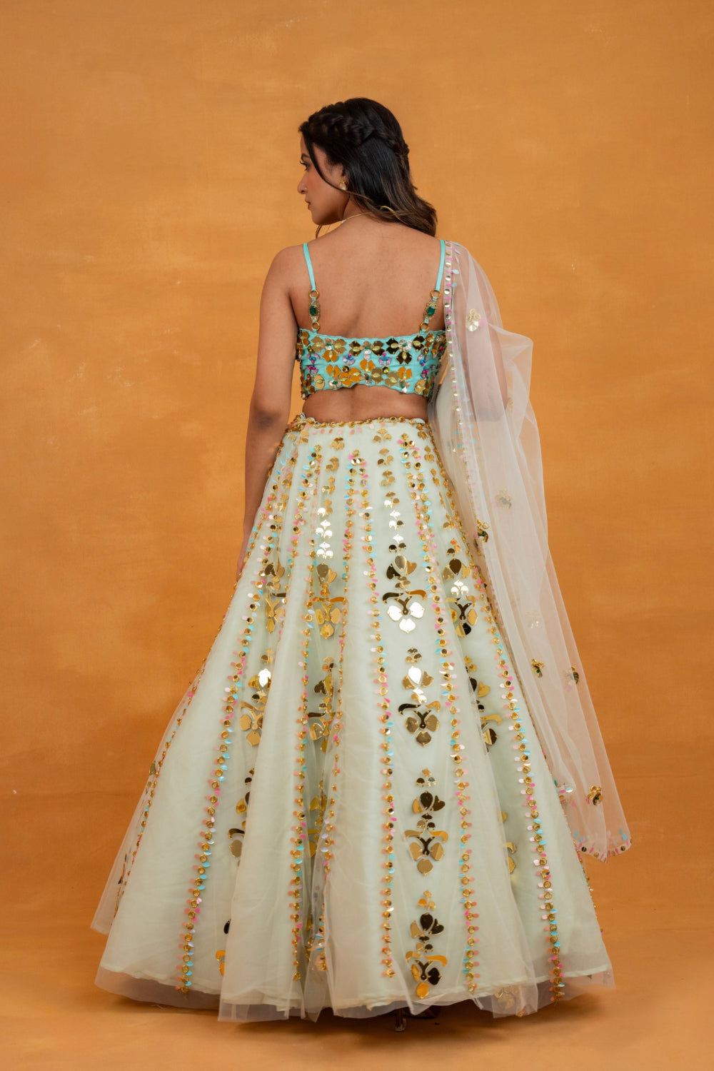 Blue & Off-White net lehenga choli with acrylic work