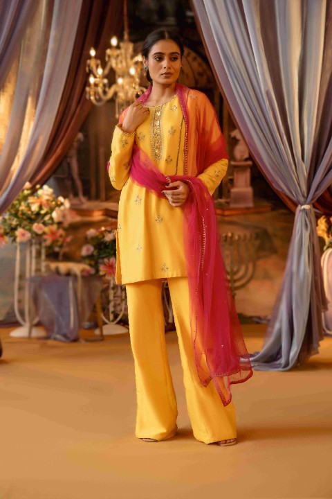 Yellow Suit with Pink Dupatta - image 3
