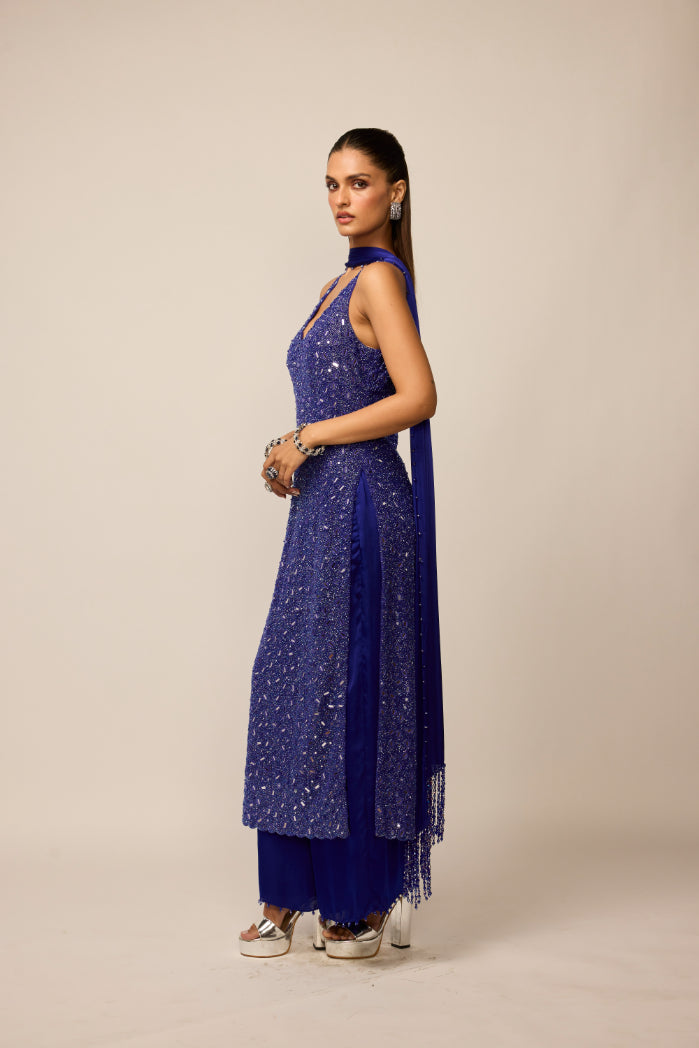 Cocktail Blue V Neck Kurta Set