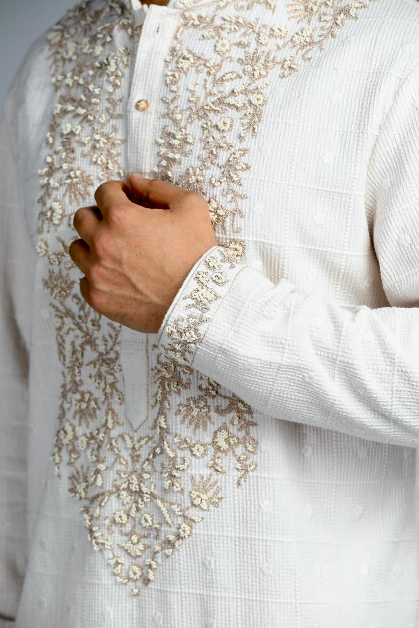 Ivory Cotton Embroidered Kurta