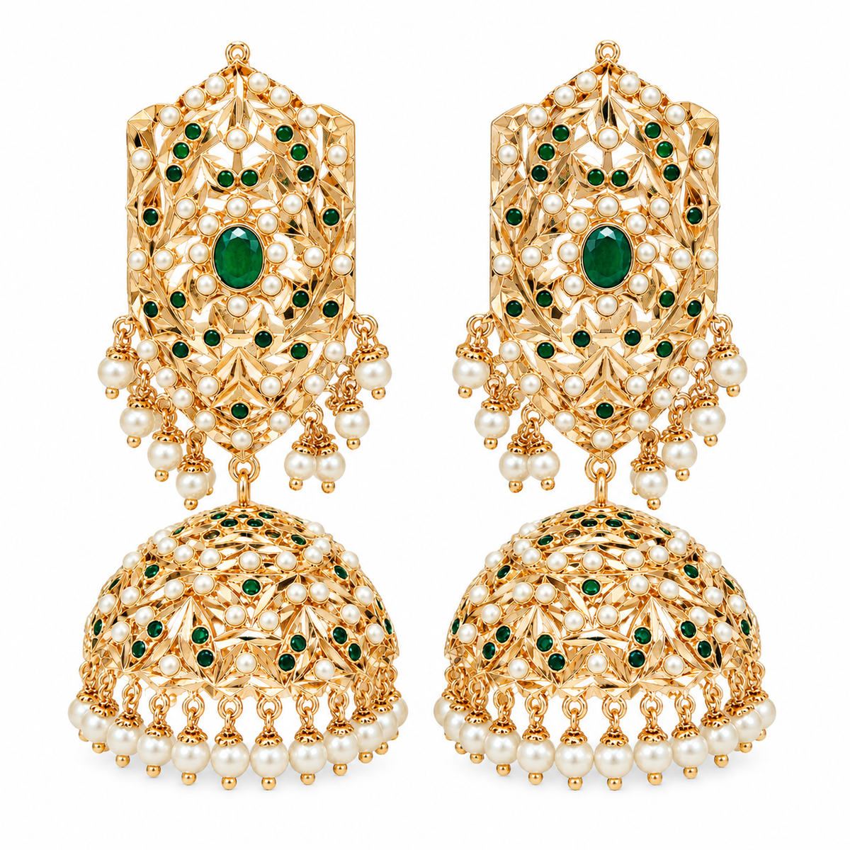 Emerald Green Jadau Pearl Jhumka Earrings