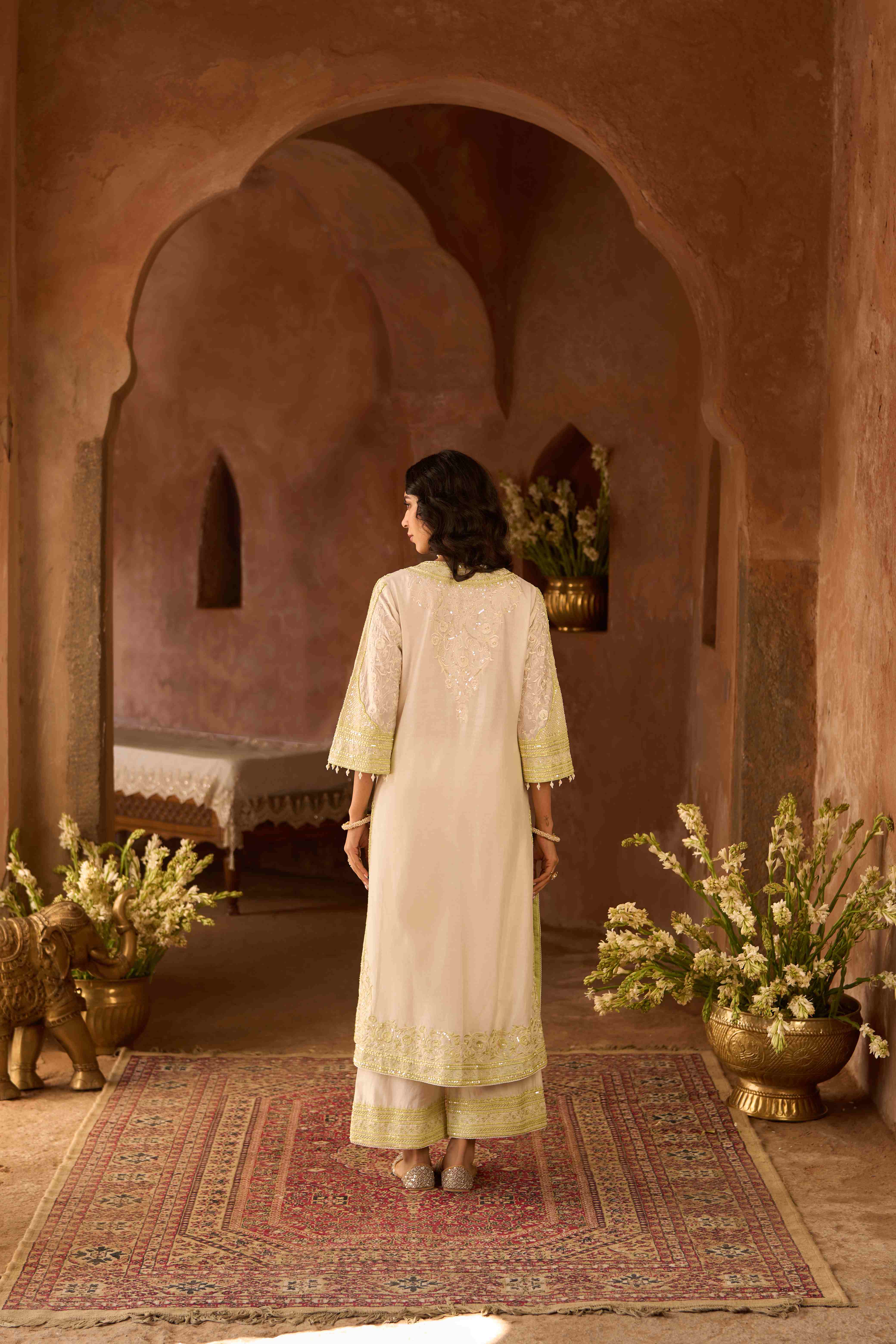 NURVI - DAISY IVORY WITH MINT GREEN LONG A-LINE KURTA WITH PALAZZO AND DUPATTA