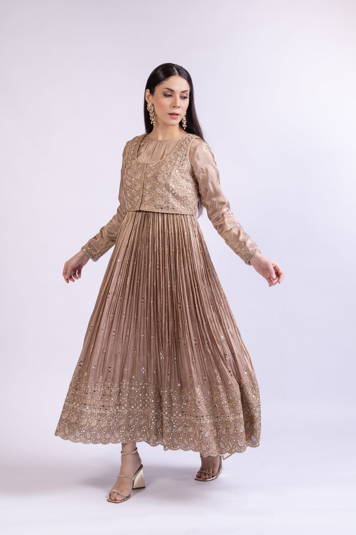 Mouse Brown Tissue Silk Short Anarkali with Embroidered Jacket