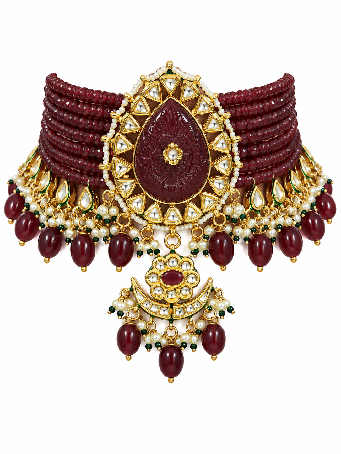 Maroon Kundan Beaded Choker Earring Set