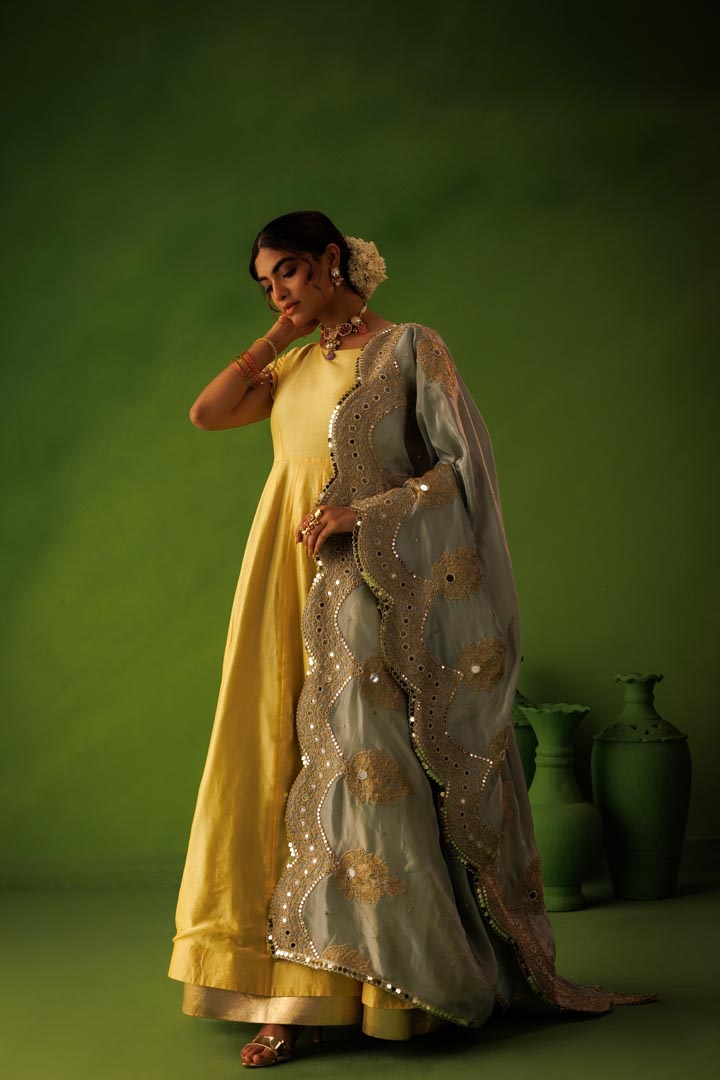 Powder blue and yellow reversible anarkali set with blue dupatta