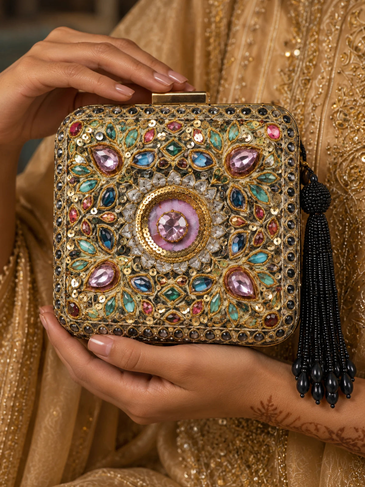 Multicolour Printed Embroidered Square Clutch Bag with Jewel Motifs and Black Tassel
