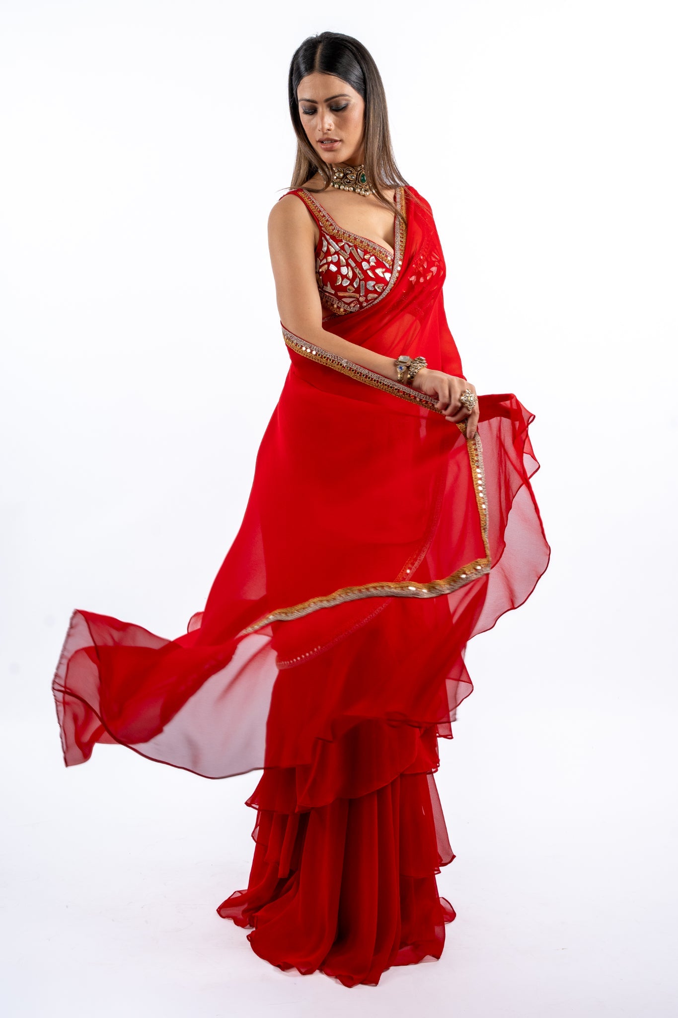 Scarlet Ruffle Saree with Sheer Layers