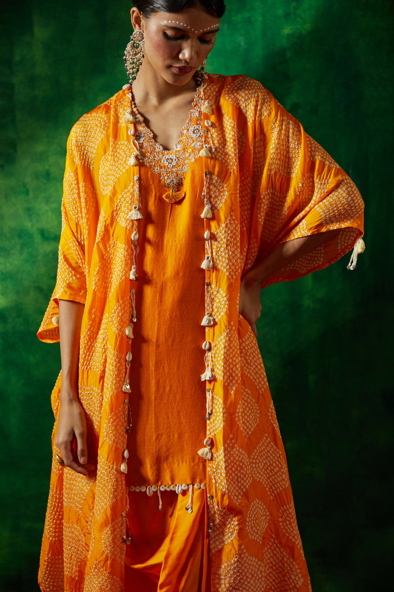 Bandhni cape set with chanderi kurta and dhoti skirt