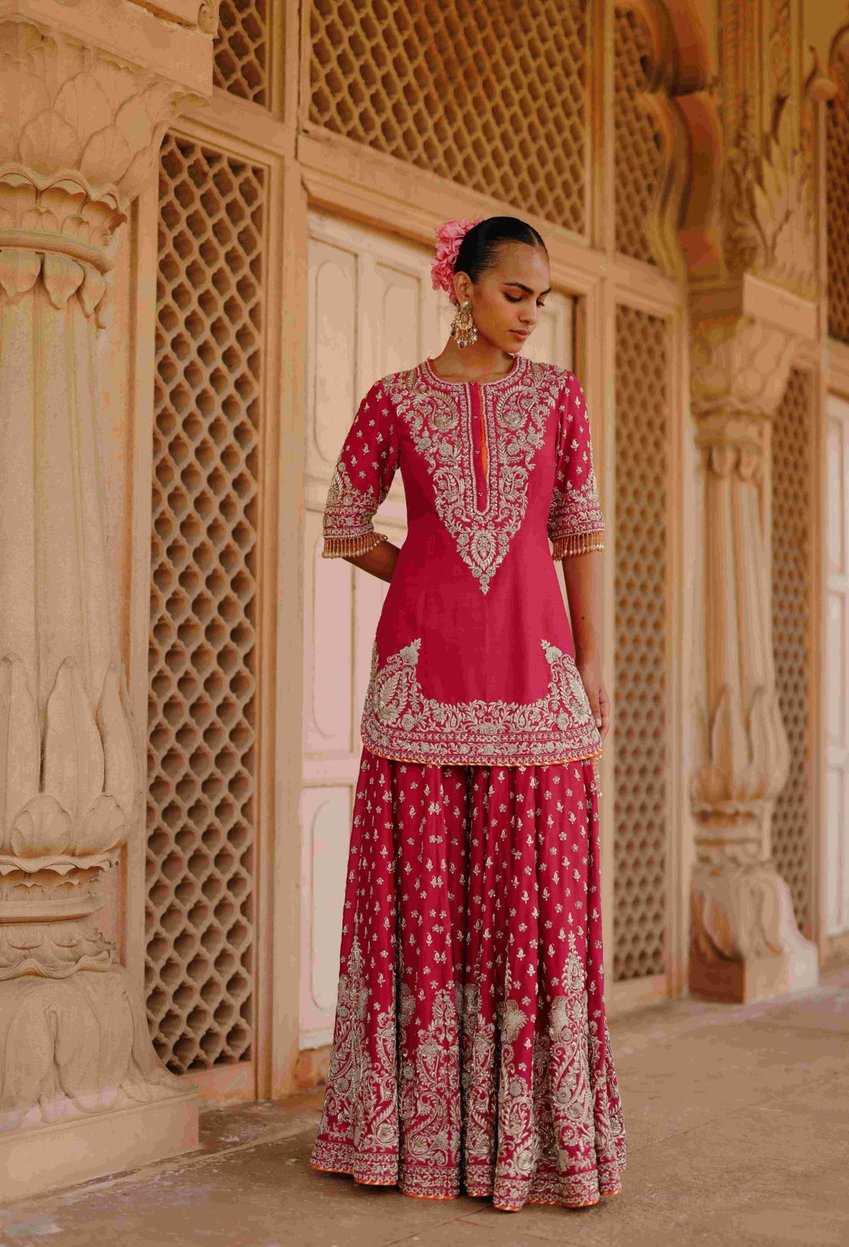 Hot Pink Embroidered Kurta Sharara Set with Organza Dupatta