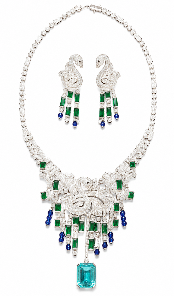 Emerald Sapphire Swan Diamond Statement Necklace Set