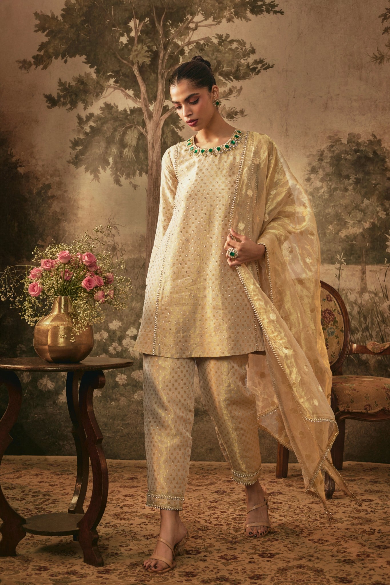 Ivory Gold Metallic Tissue Kurta Set with Emerald Detailing