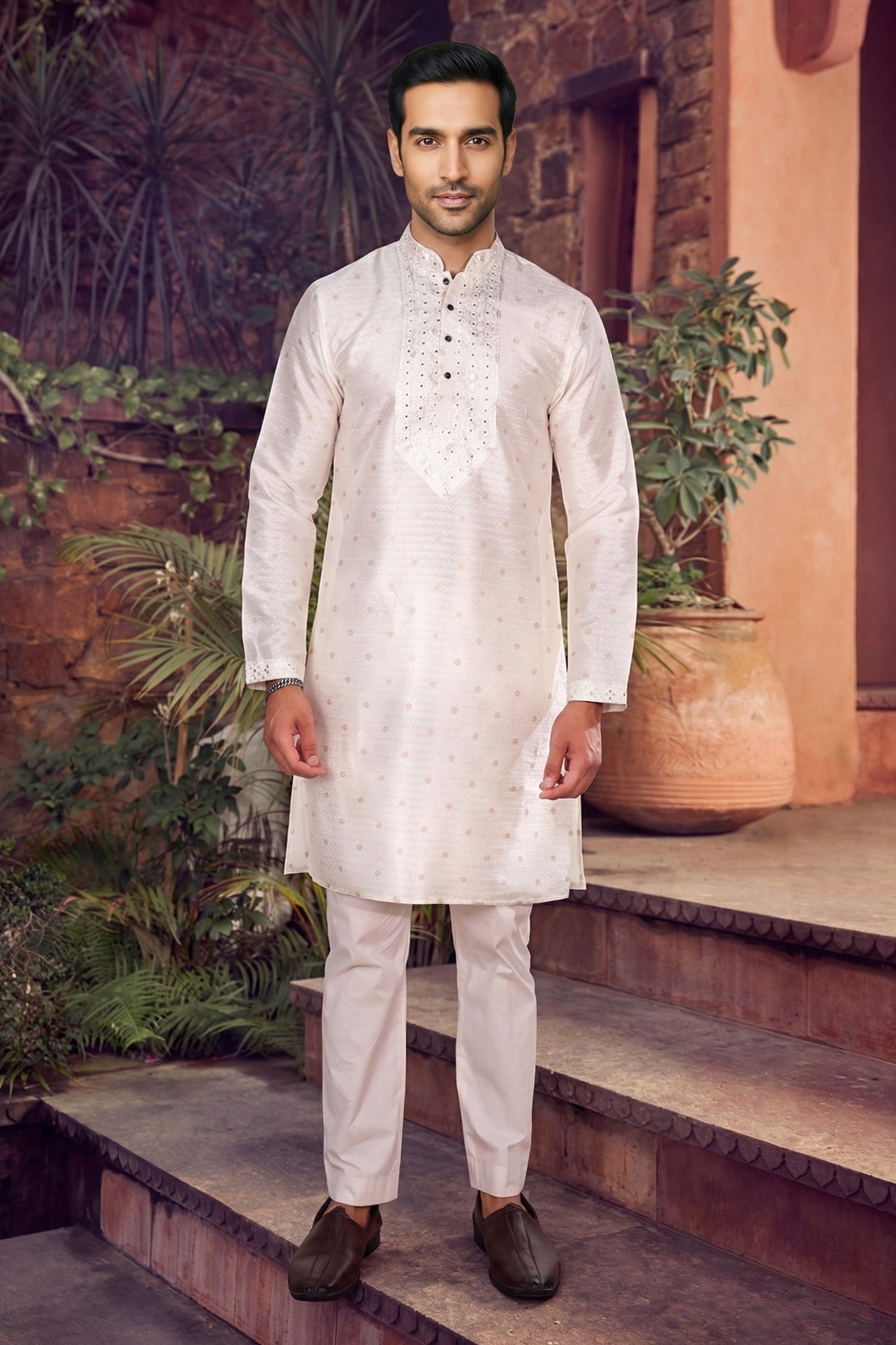 Men's Jacquard Silk Cream Designer Embroidery Work Kurta with payjama