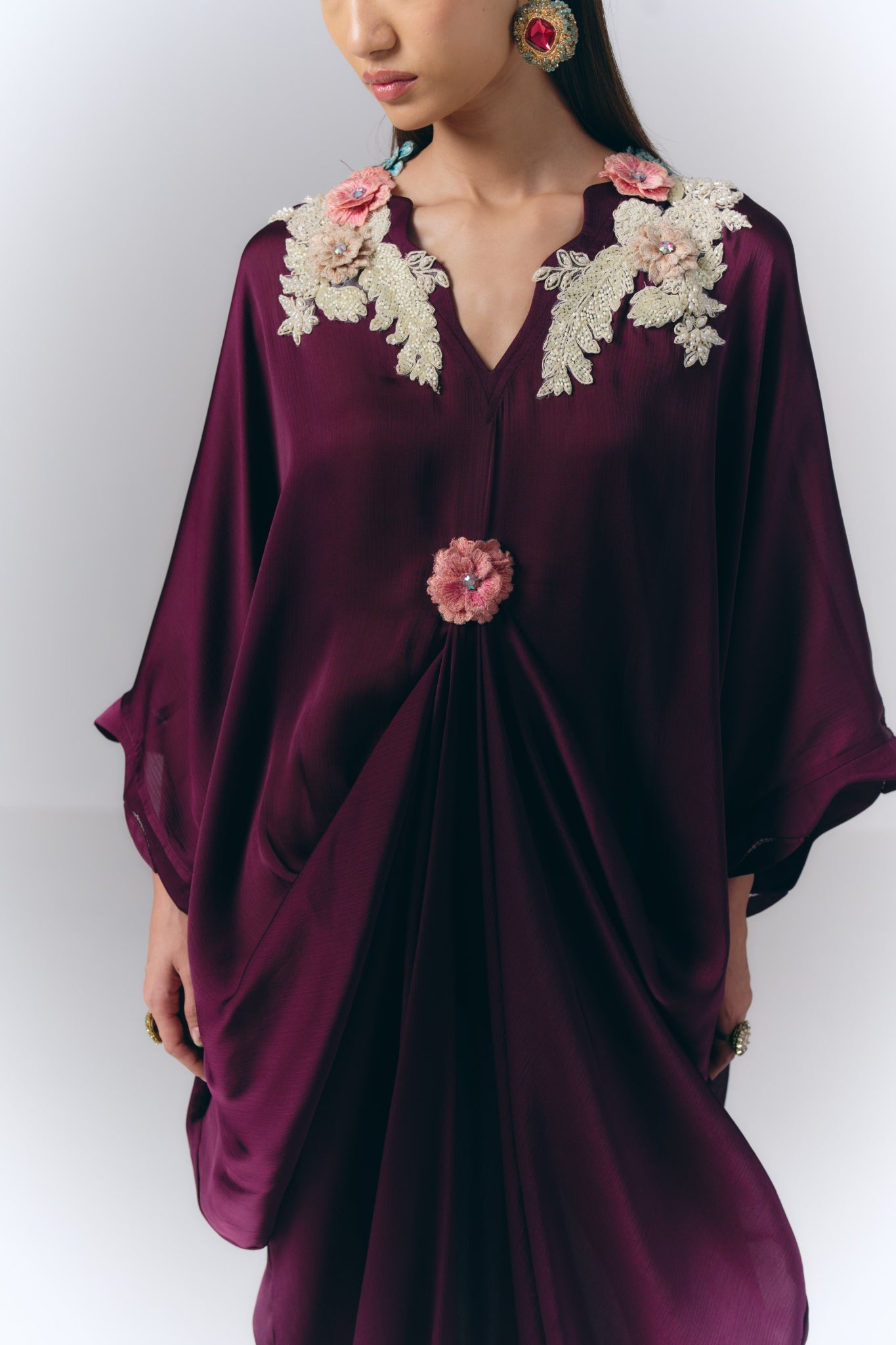 Pink Embroidered Draped Kaftan