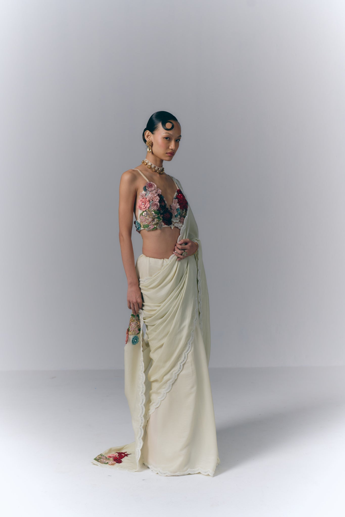 Ivory Blossom Drape Saree Set