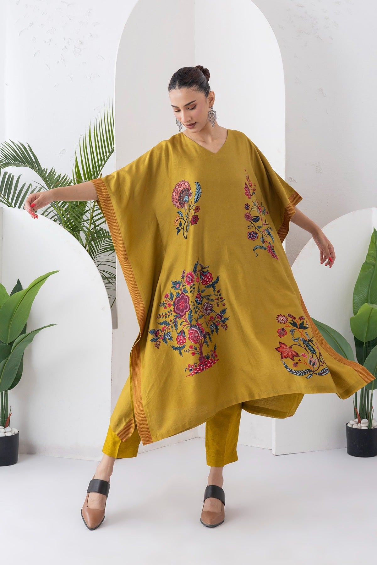 Mustard Silk Chanderi Chintz Printed Kaftan Set (2 PCS)