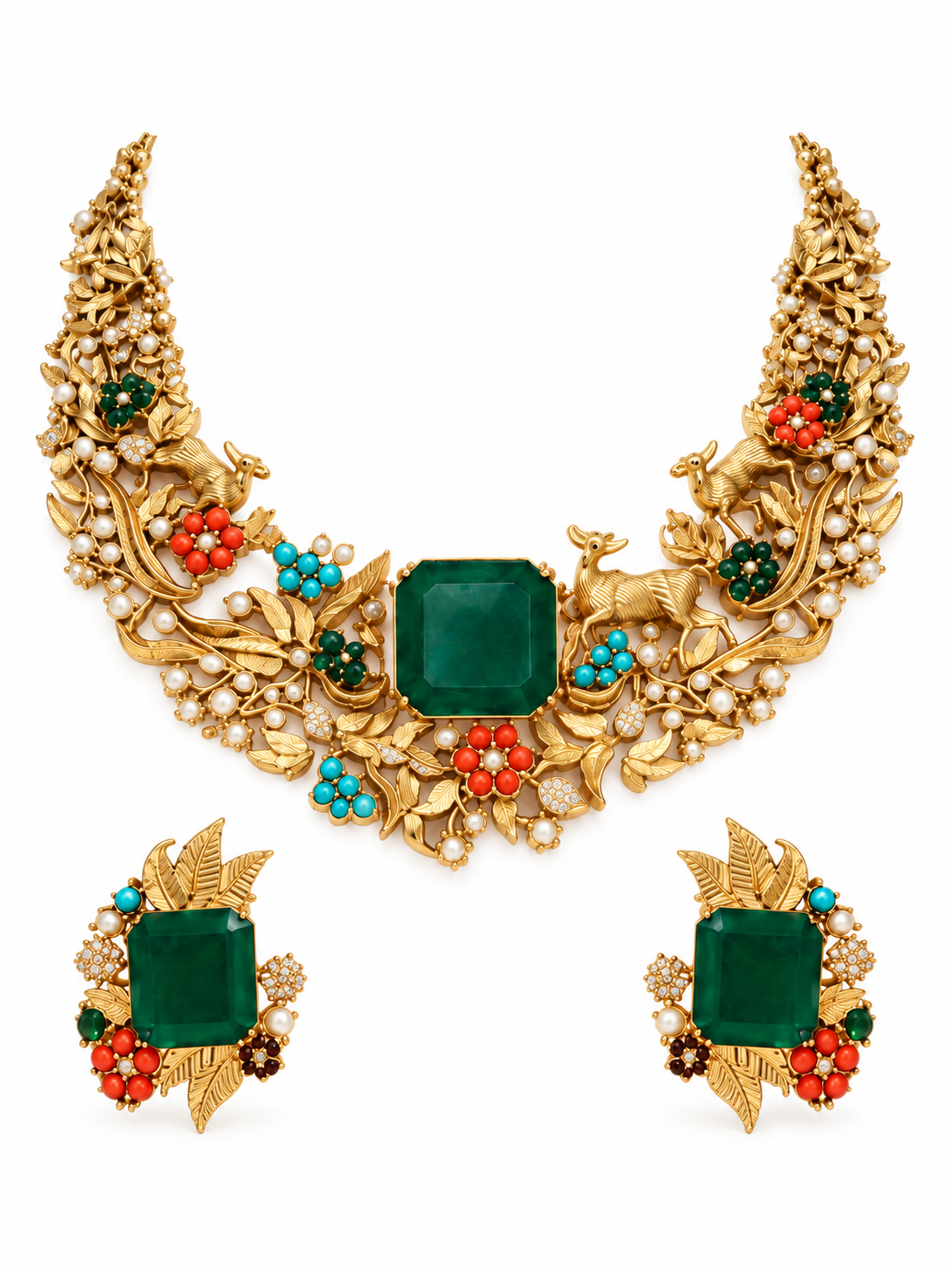 Multicolour Stone Nature Motif Necklace Set