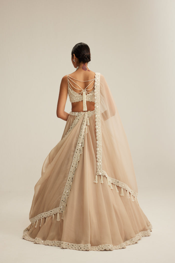 Light Beige Organza mirror and pearl lehenga set
