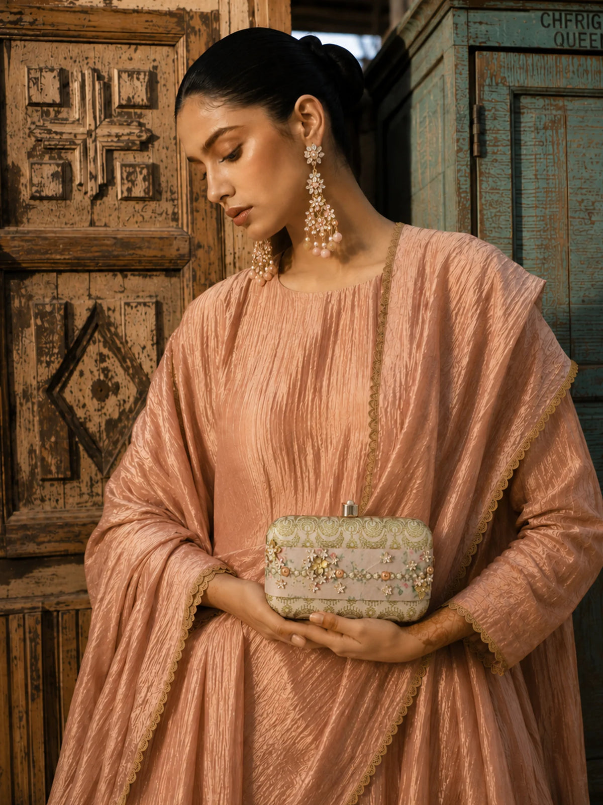 Pastel Floral Embellished Clutch Bag with Jewel & 3D Flower Detail