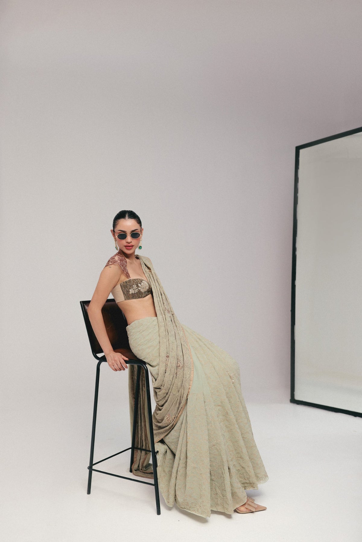 Zardosi Embroidery, Silk Georgette & Tulle, Saree Set, Crop Silhouette