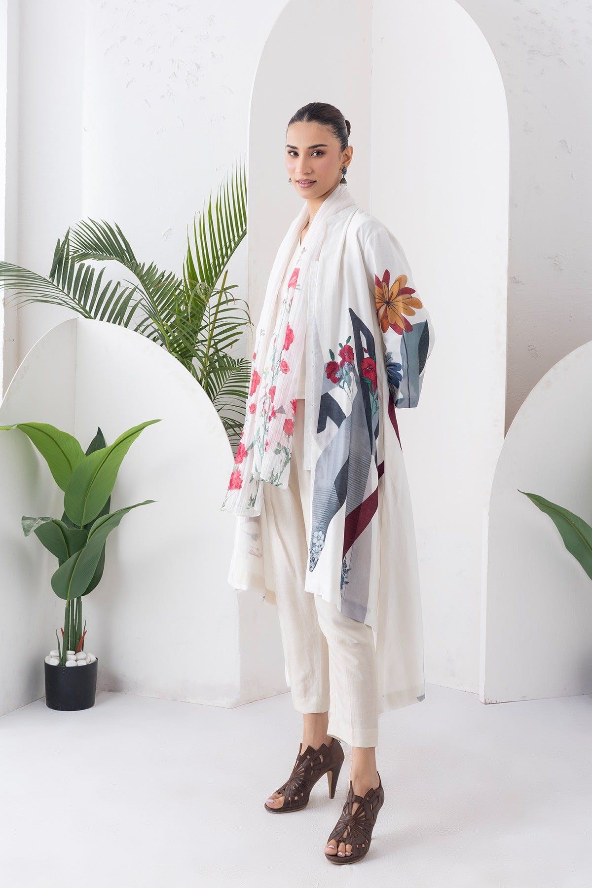 Ivory Silk Chanderi Printed High-Low Dress Set (3 PCS)