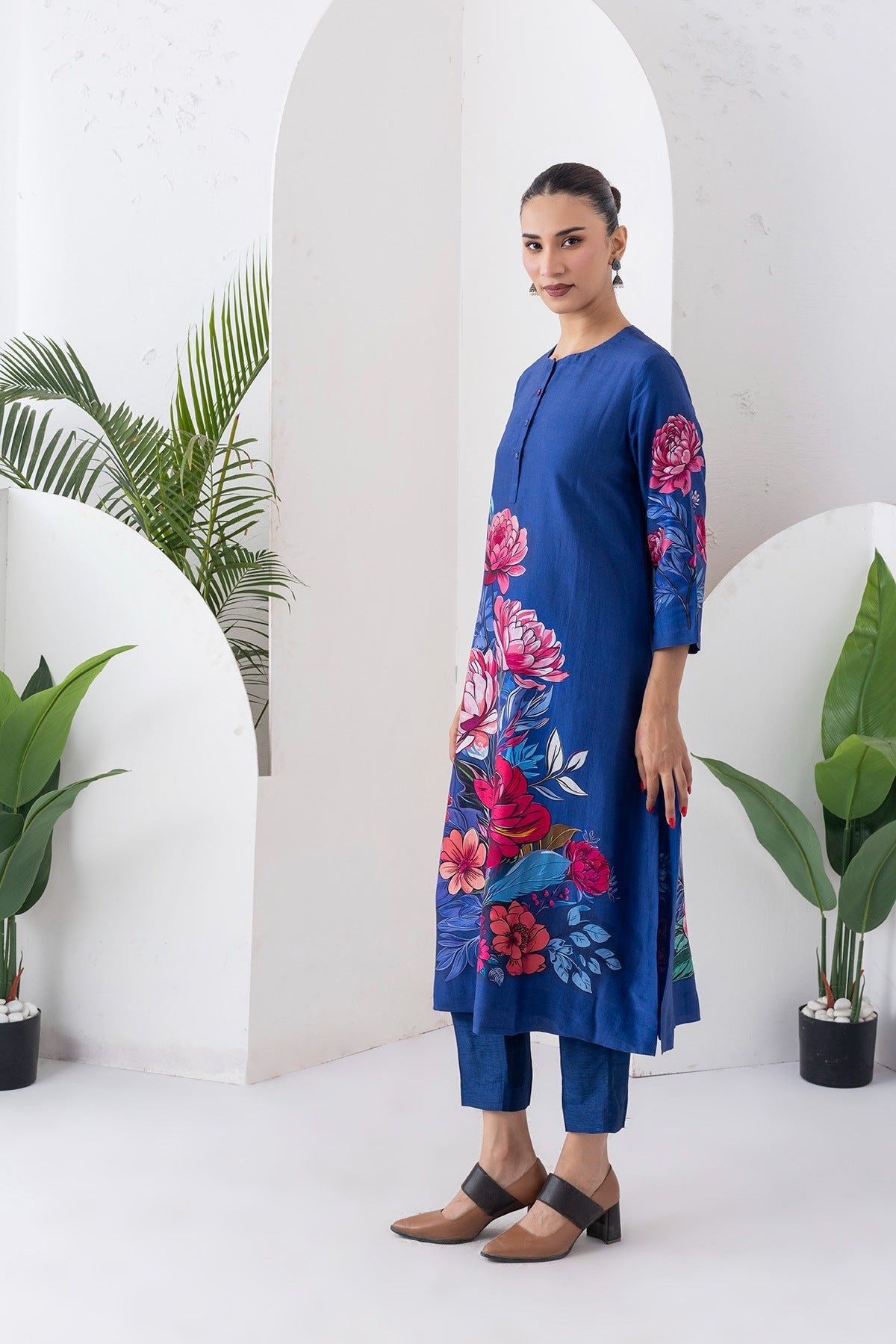 Cobalt Blue Silk Chanderi Printed Dress Set (2 PCS)