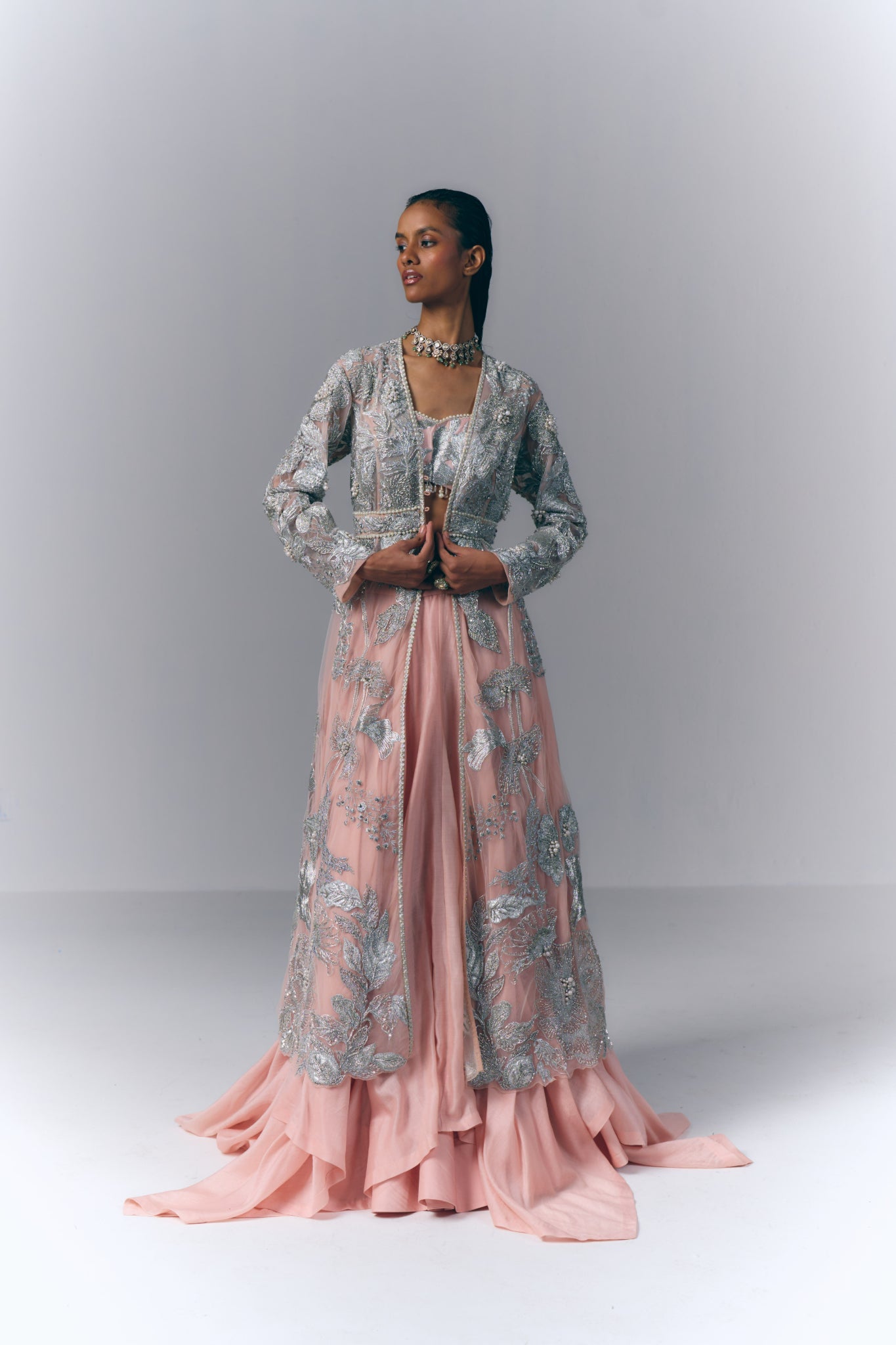 Peach Embellished Long Jacket Set
