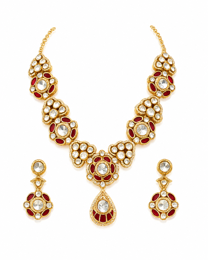 Ruby Kundan Choker Necklace Set with Drop Earring