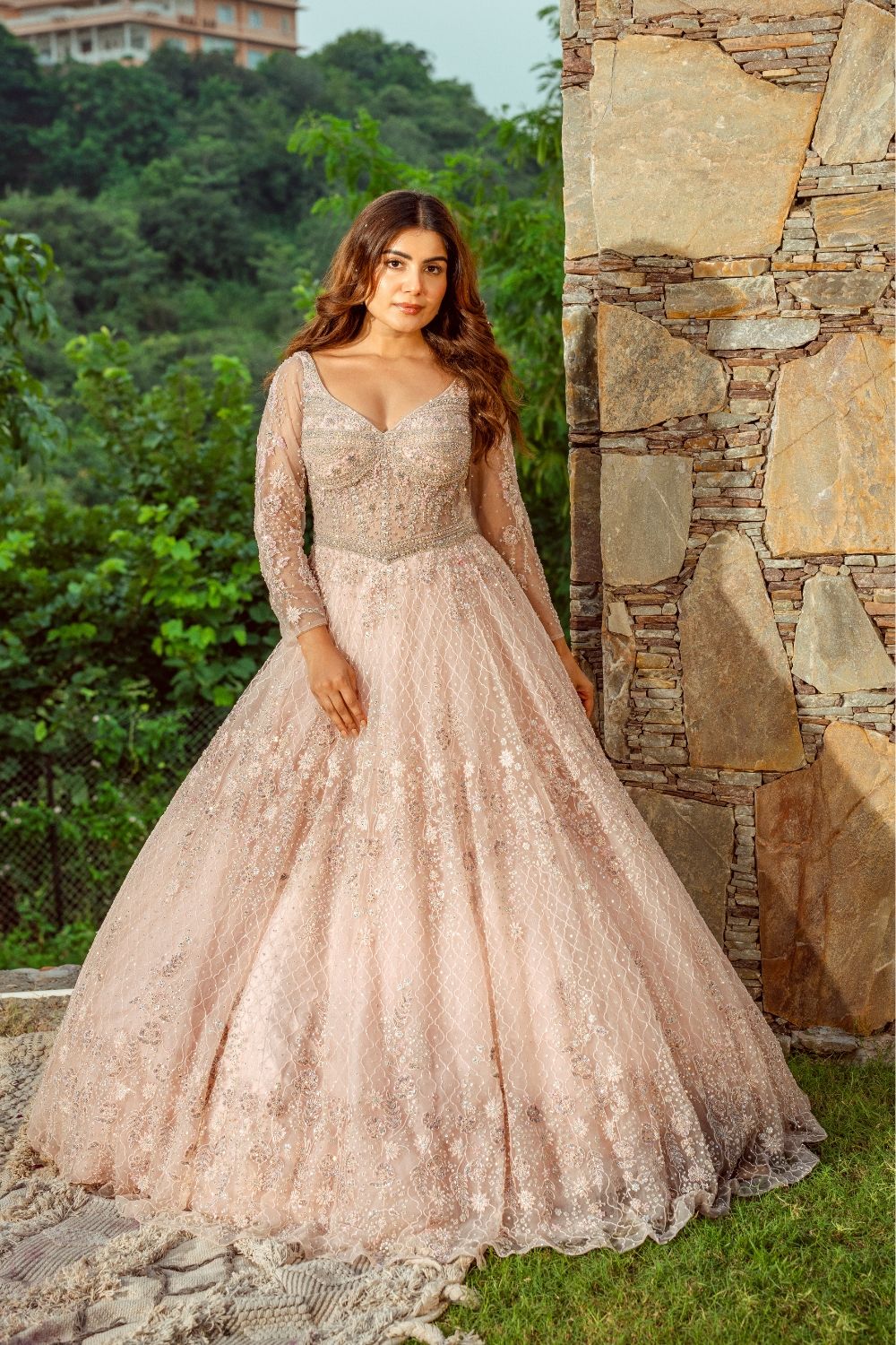 Baby pink net gown with sequins and stone work – Auraya Fashion