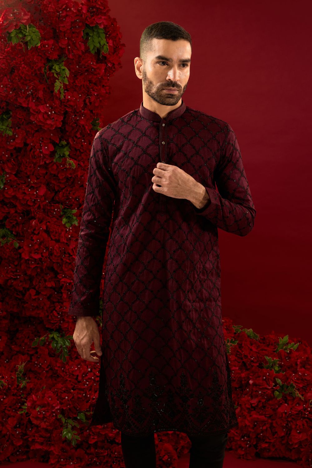 Wine silk kurta and pajama with machine work