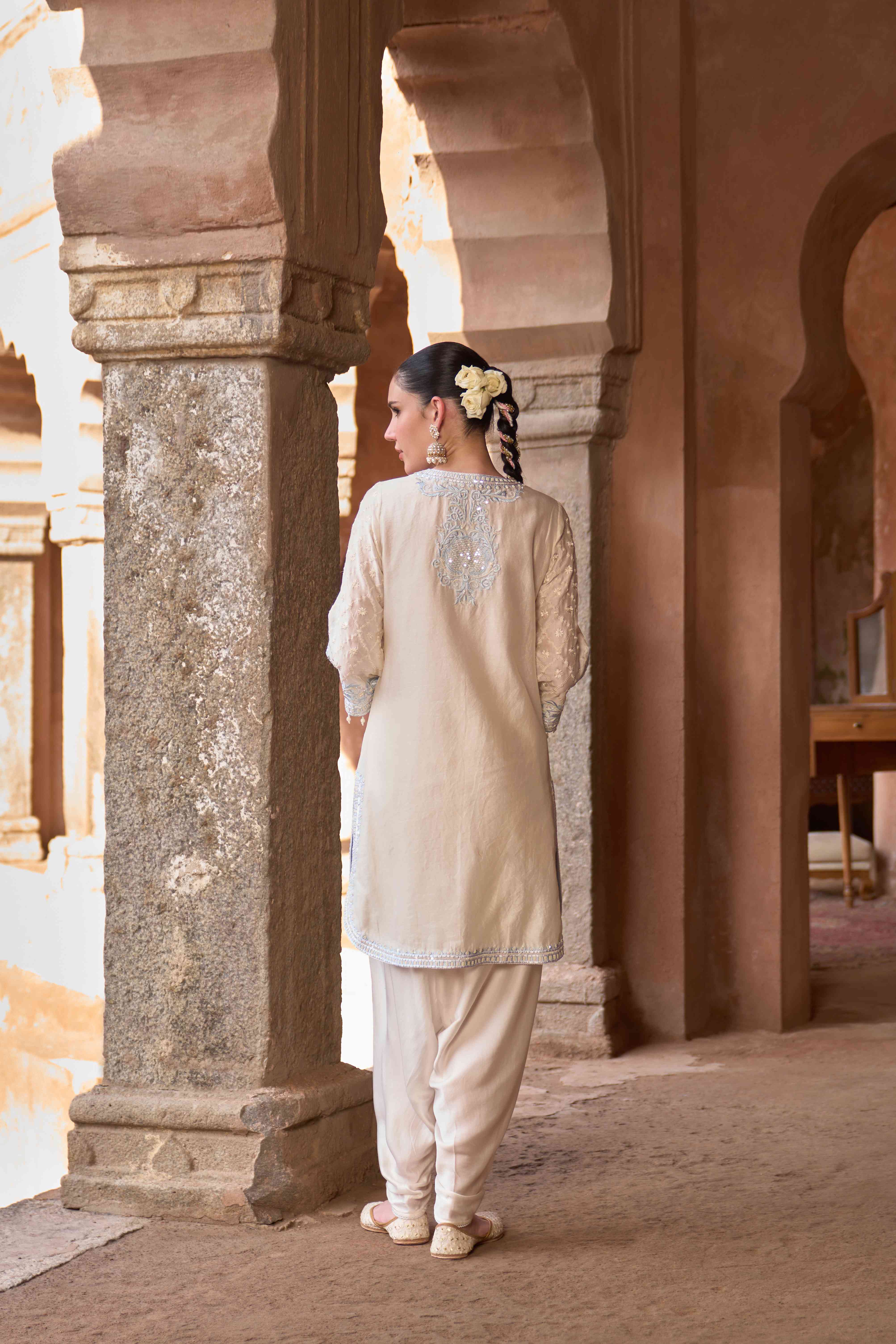 RUHI - DAISY IVORY WITH BLUE SHORT KURTA AND DHOTI