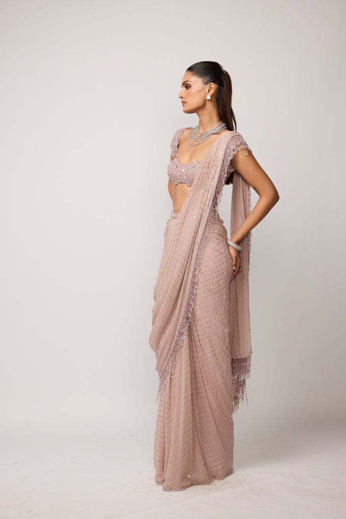 Ash Pink Drapded Saree Set