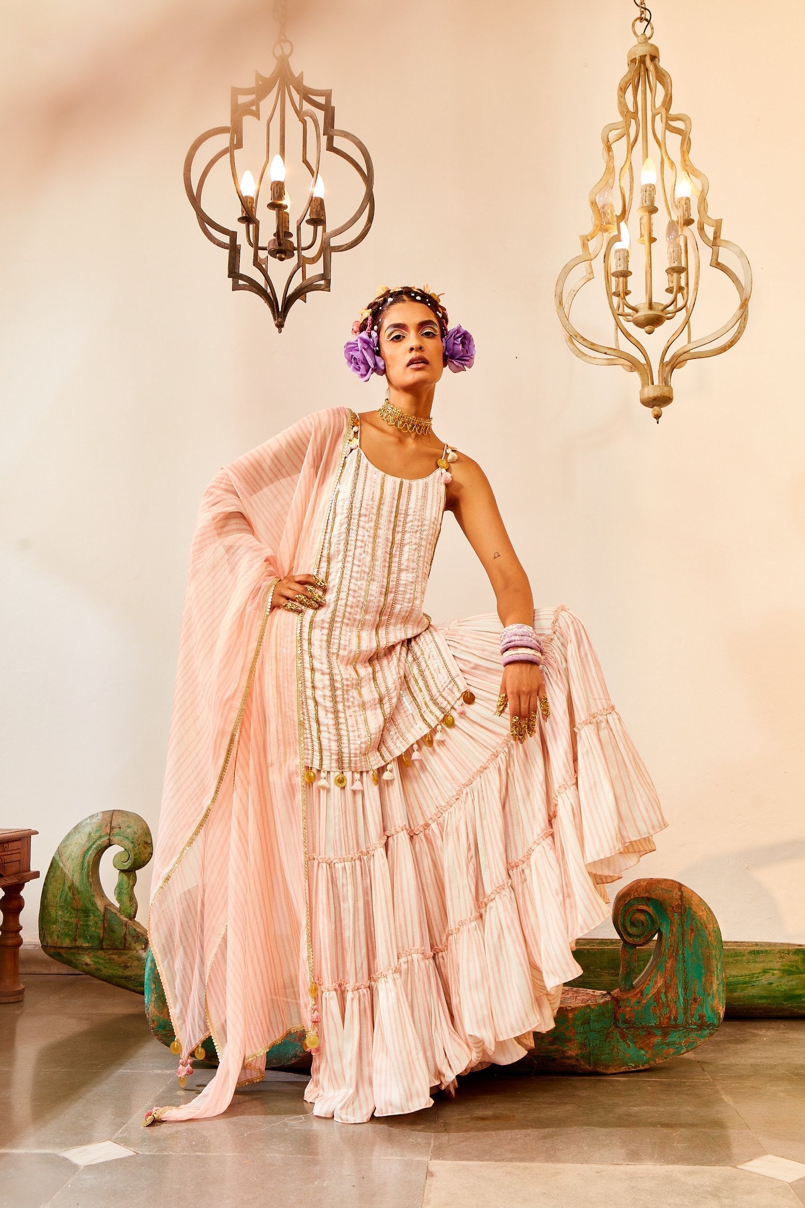 Ivory & Coral Pink Sharara Set