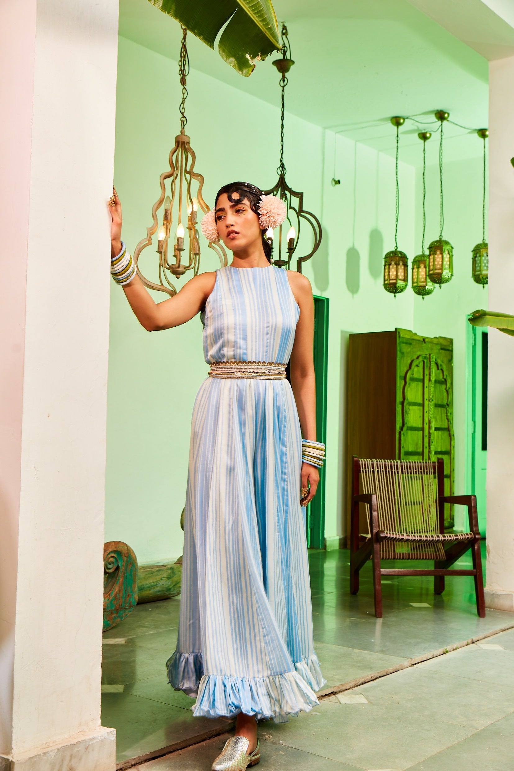 Powder Blue Frill Jumsuit With A Belt.