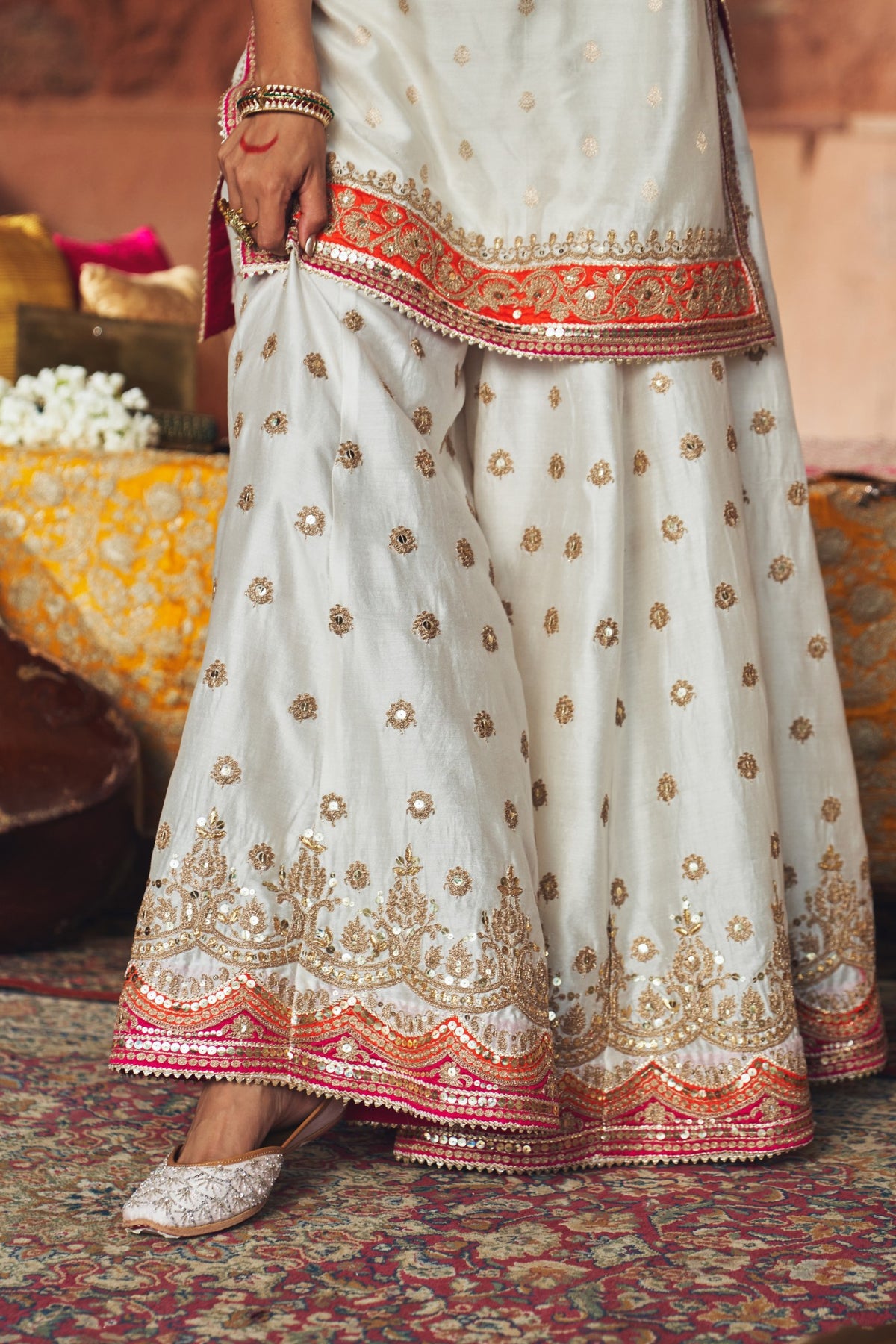 Ivory Banarasi Short Kurta Sharara Set with Organza Dupatta