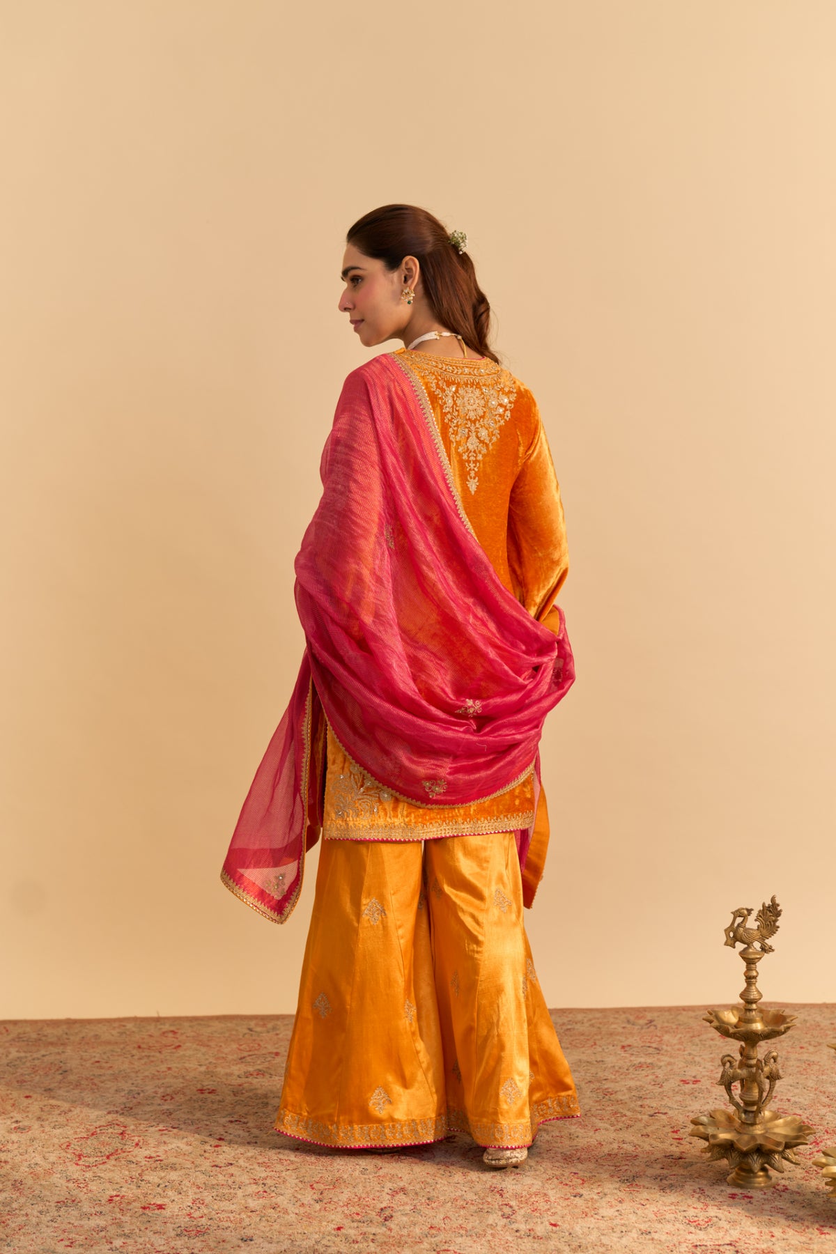 Nooren Orange Velvet Kurta Palazzo Set for Festive Winter