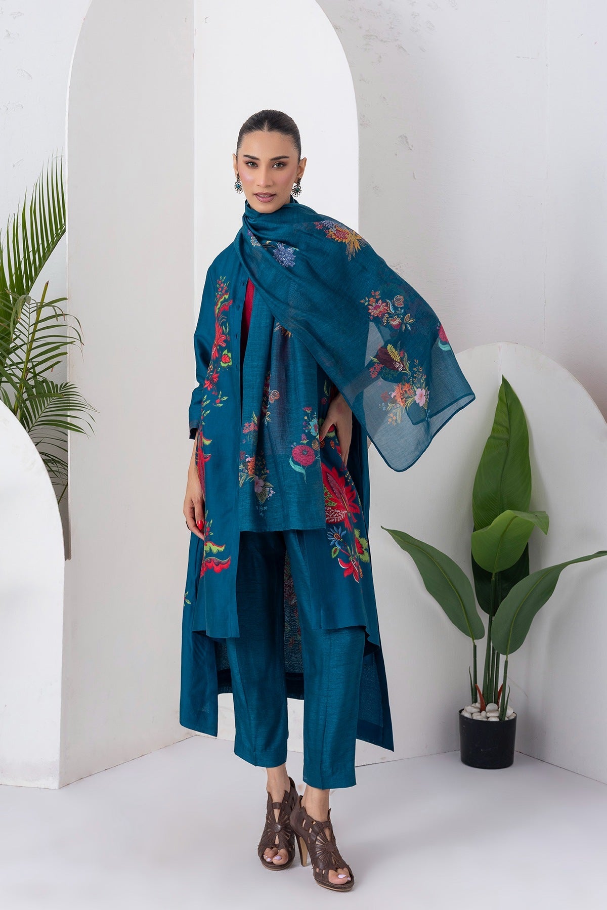 Indigo Silk Chanderi Printed Front Open Floral High-Low Dress Set (3 PCS)