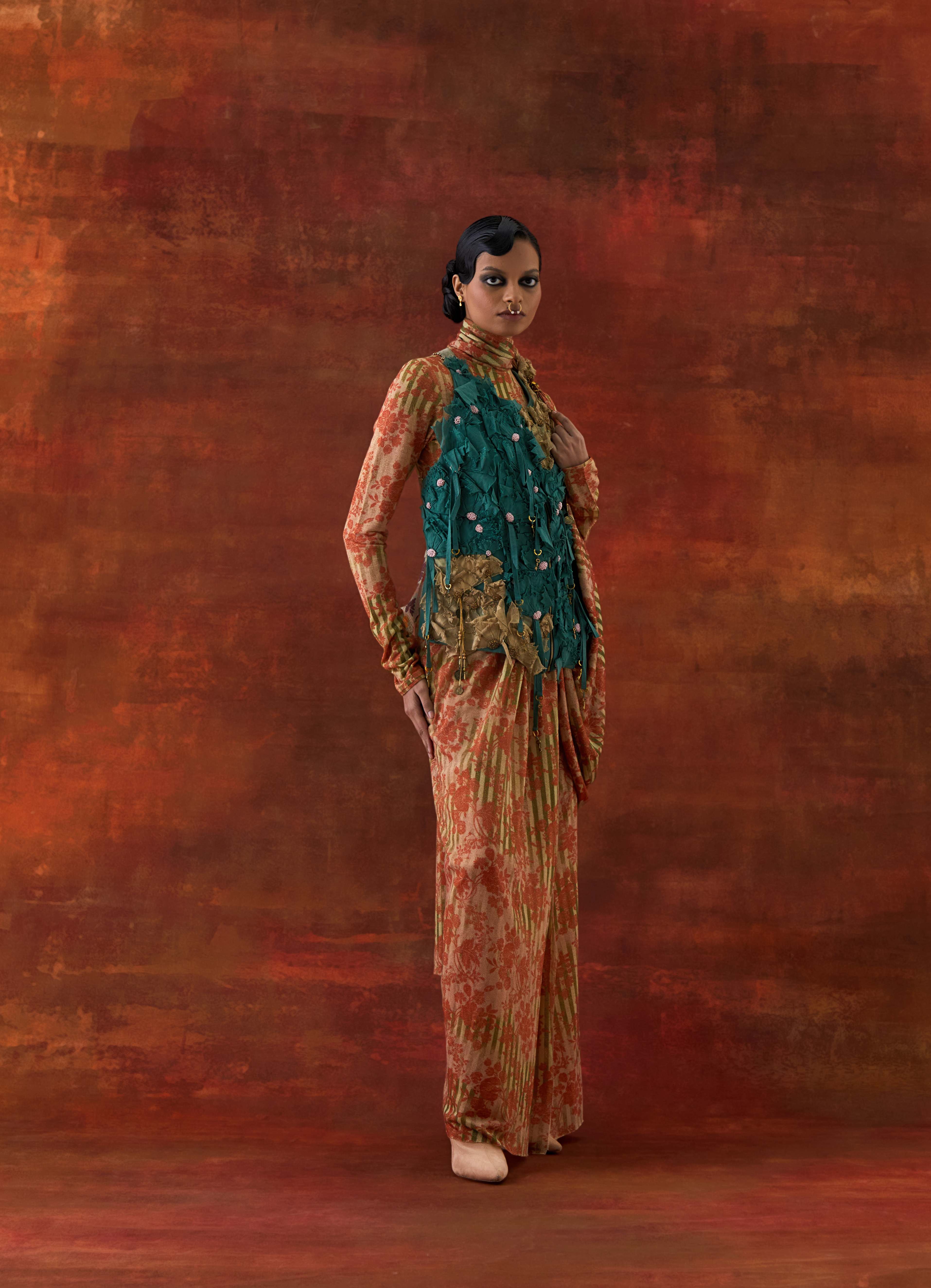 3D FLOWER RACER BACK JACKET WITH GOLD JERSEY DRAPED SARI - image 3