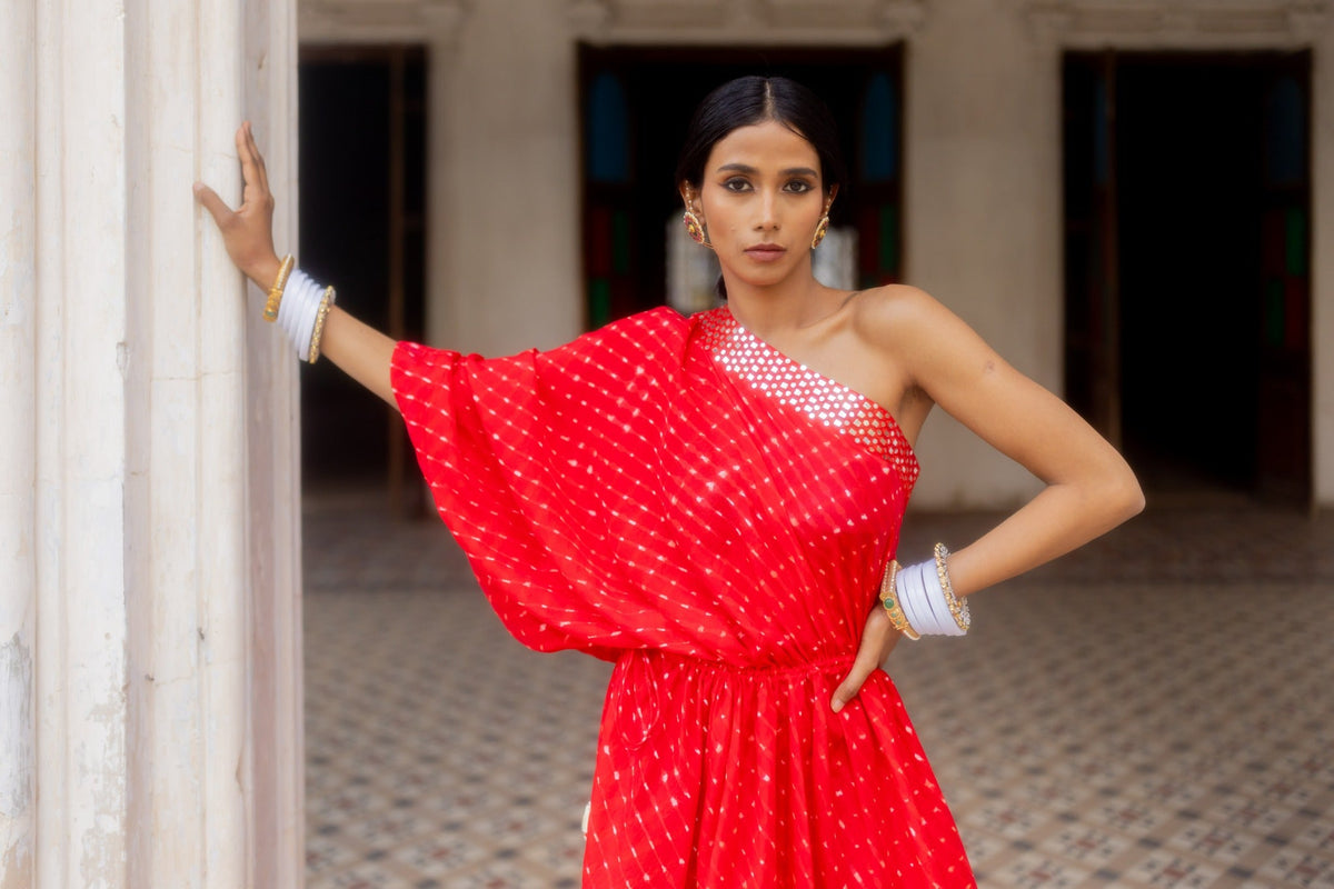 One shoulder leheriya dress