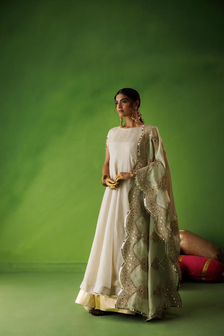 Beige tissue anarkali with pastel olive dupatta