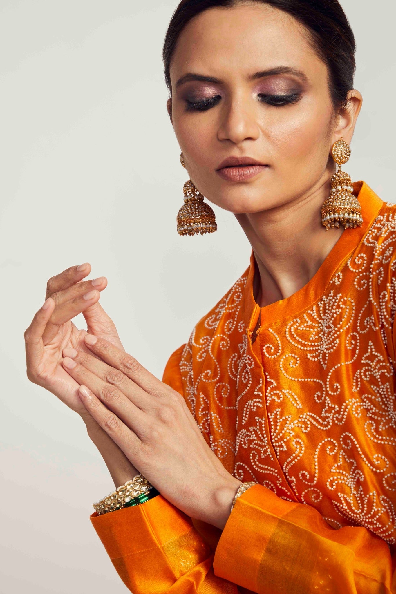 silk chanderi long asymmetrical tunic with pearl embroidered lotus jaal